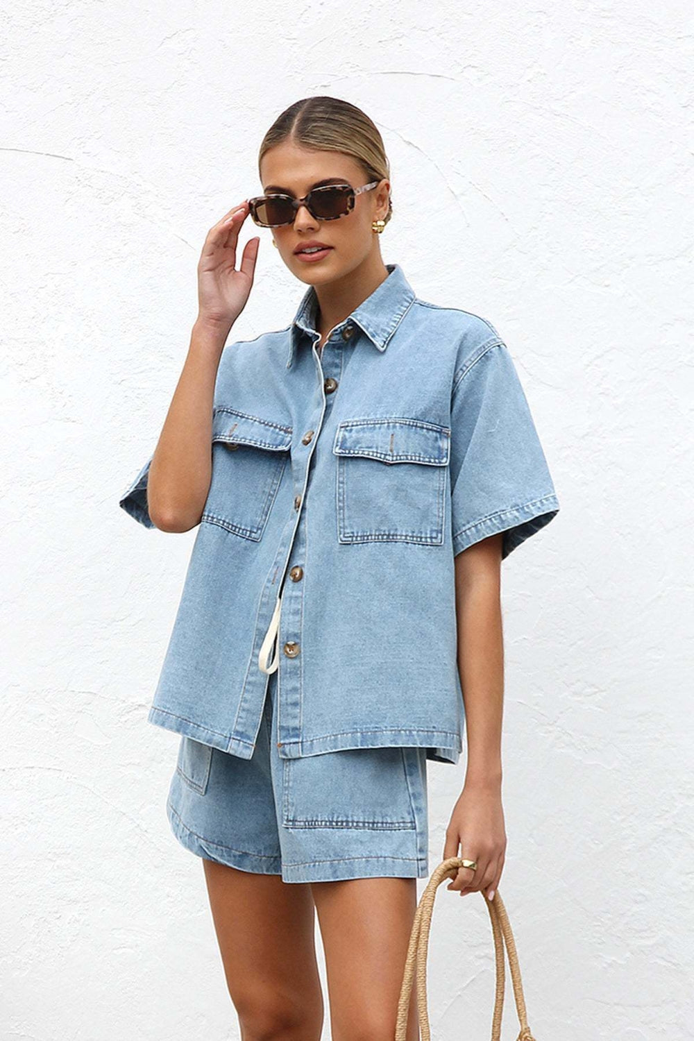 Collared Neck Button Up Top and Shorts Denim Set Light / S Light / M