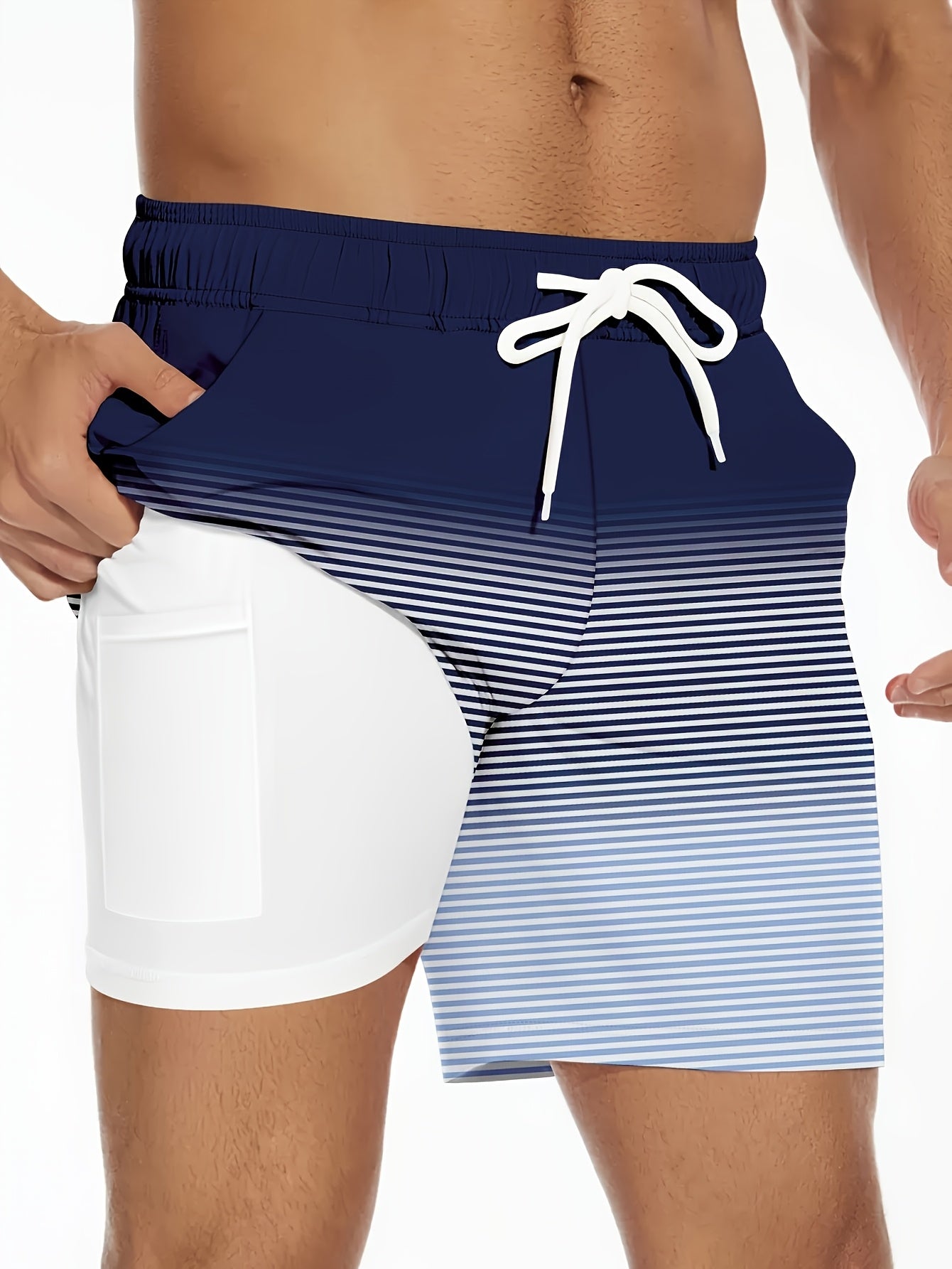 Men's Quick-Dry Swim Trunk with Compression Liner - Vibrant Yellow & Black Striped Beach Board Shorts, Regular Fit for Swimming, Surfing & Summer
