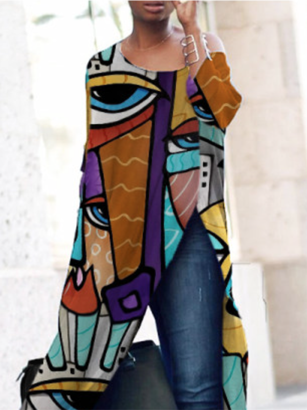 Chic Contrast Color Printed Long Sleeve Split Side T-Shirt COLORFUL / S COLORFUL / M COLORFUL / L COLORFUL / S-COLORFUL / M-COLORFUL / L-COLORFUL / XL-COLORFUL / 2XL-