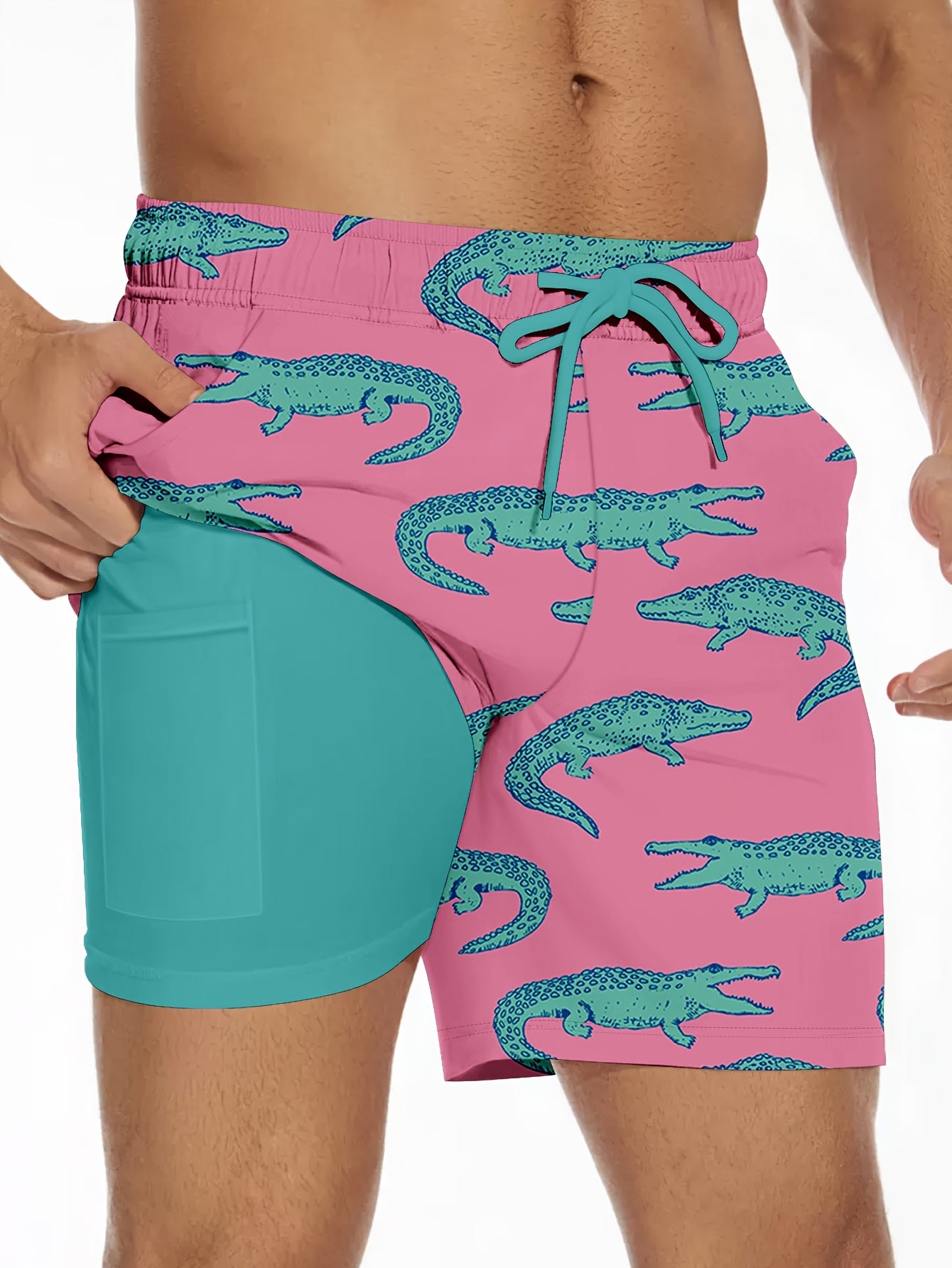 Men'S Summer Double-Layer Anti-Glare Beach Shorts, Casual Non-Stretch Fabric, Regular Fit with Flamingo Print