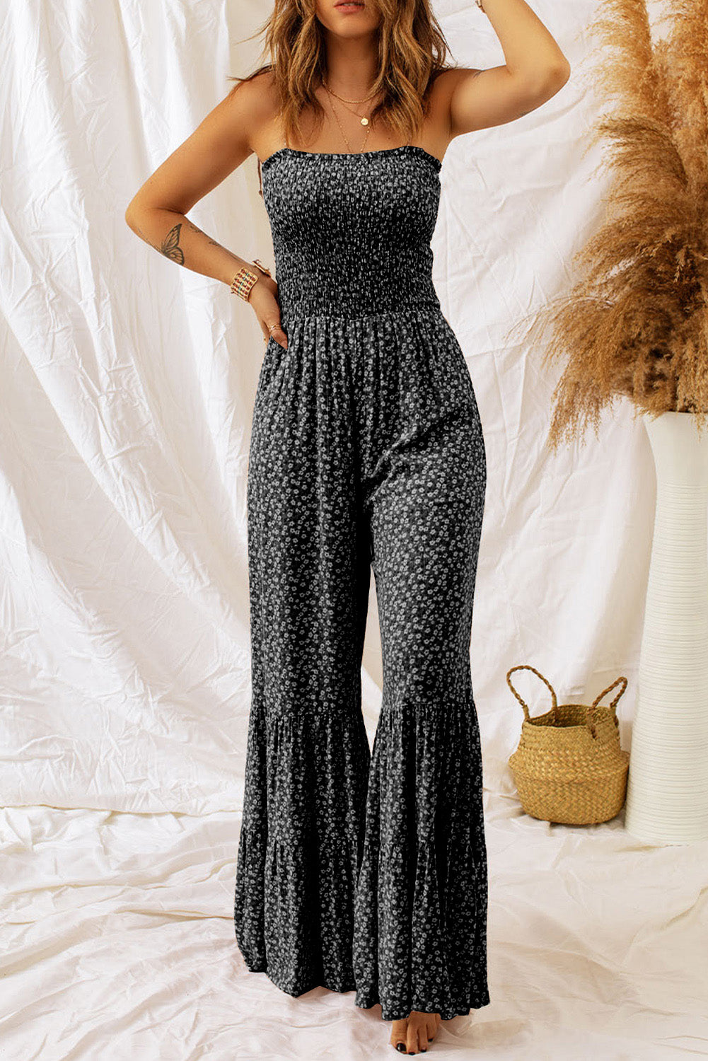 Floral Spaghetti Strap Wide Leg Jumpsuit Black