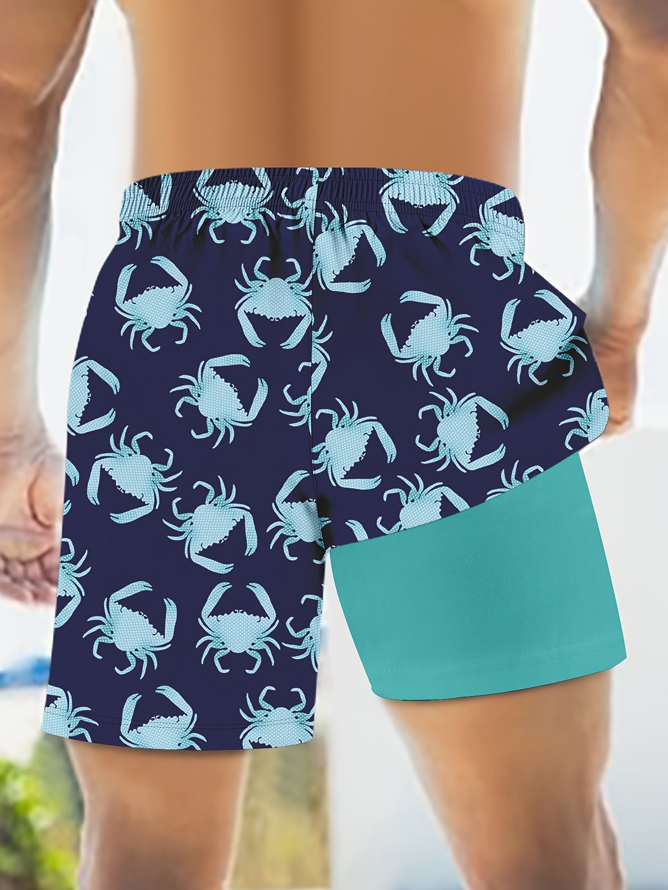 Men's 2-in-1 Digital Print Beach Shorts - Quick-Dry, Casual Navy Blue Crab Pattern with Teal Interior Lining, Drawstring