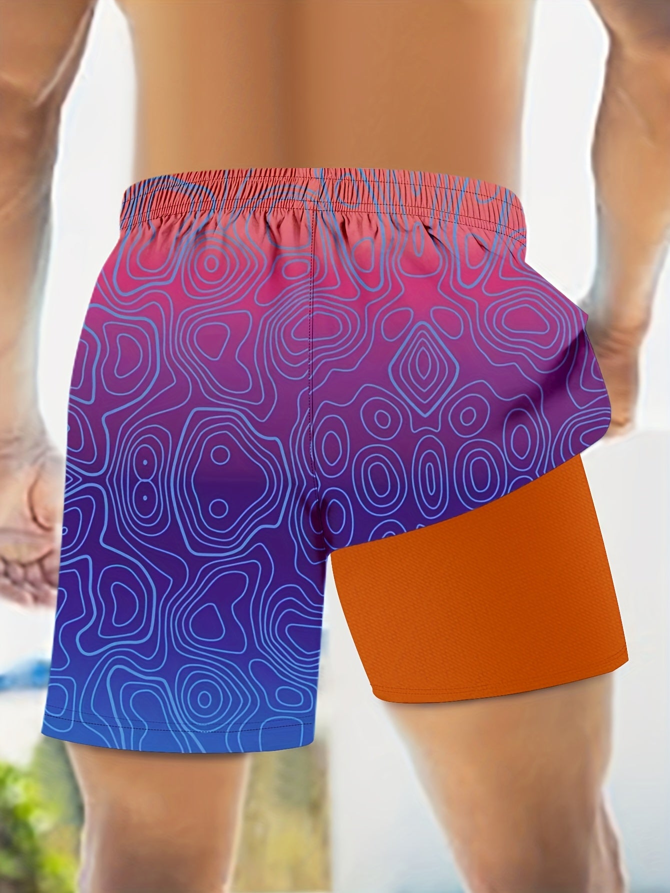 Men'S Breathable Quick-dry Swim Trunks Sport Style With Elastic Vibrant Gradient Colors, Adjustable Drawstring Waistband, Dual Pockets