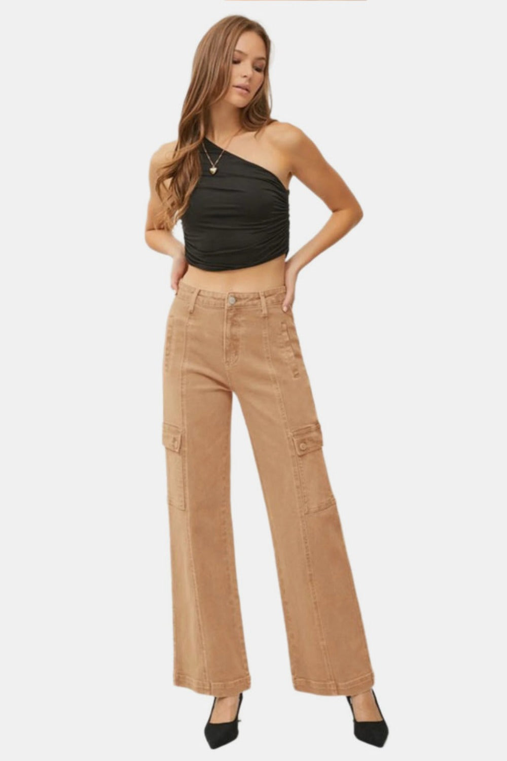 RISEN Full Size High Rise Wide Leg Cargo Jeans Cocoa / 0(24) Cocoa / 1(25)