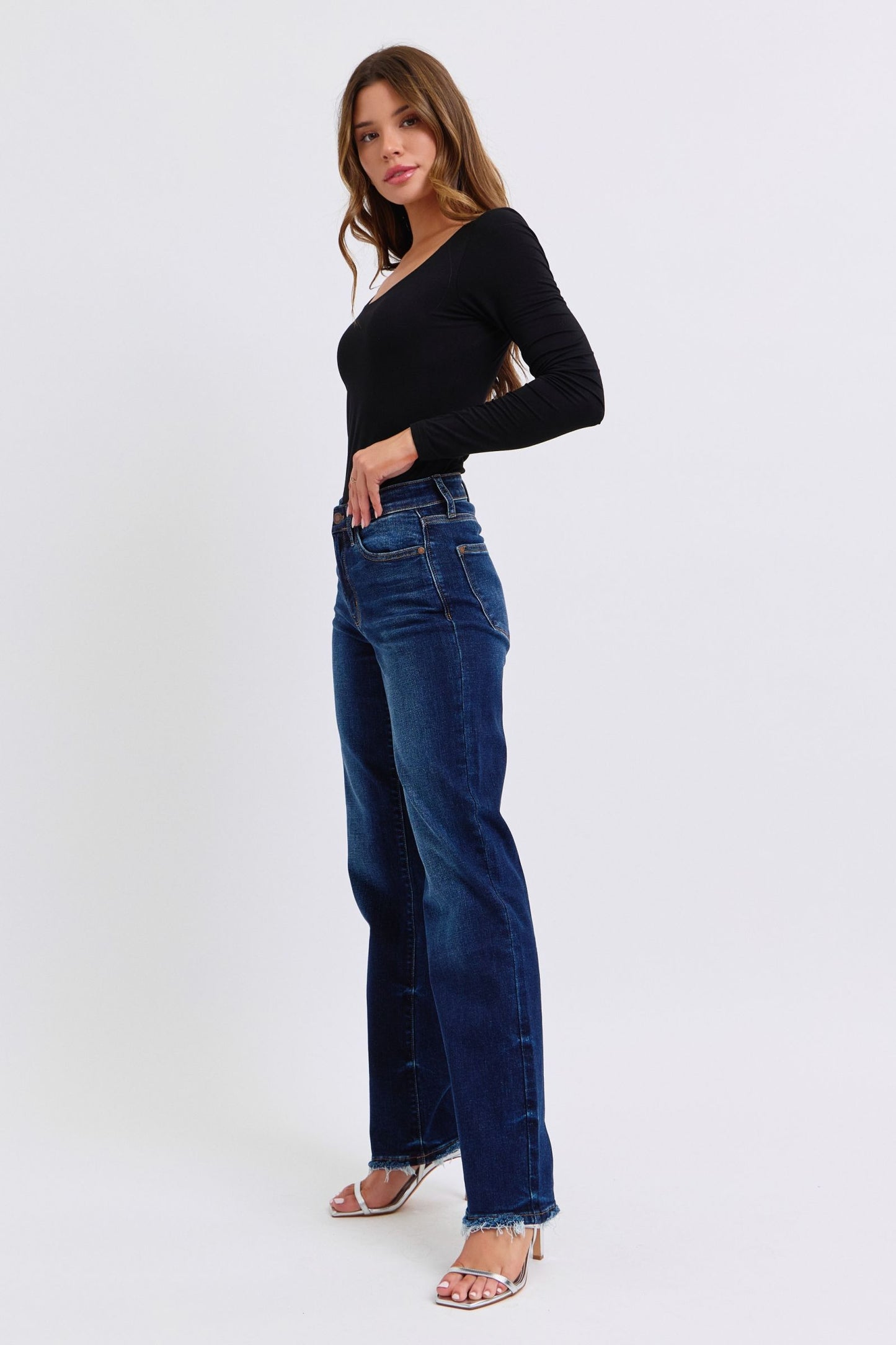 Judy Blue Full Size Raw Hem Straight Leg Jeans Dark / 0(24) Dark / 1(25)