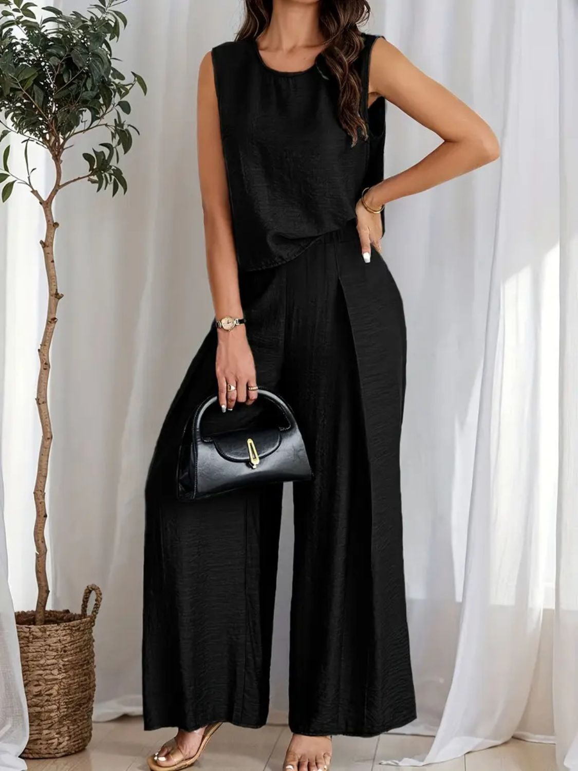 Round Neck Sleeveless Top and Wide Leg Pants Set Tan / 2XL Dusty Blue / S Dusty Blue / M Tan / 2XL-Dusty Blue / S-Dusty Blue / M-Dusty Blue / L-Dusty Blue / XL-Dusty Blue / 2XL-Black / S-Black / M-Black / L-Air Force Blue / S-Black / XL-Black / 2XL-Moonlit Mauve / S-Air Force Blue / M-Moonlit Mauve / M-Moonlit Mauve / L-Moonlit Mauve / XL-Moonlit Mauve / 2XL-Air Force Blue / L-Air Force Blue / XL-Air Force Blue / 2XL-Tan / S-Tan / M-Tan / L-Tan / XL-