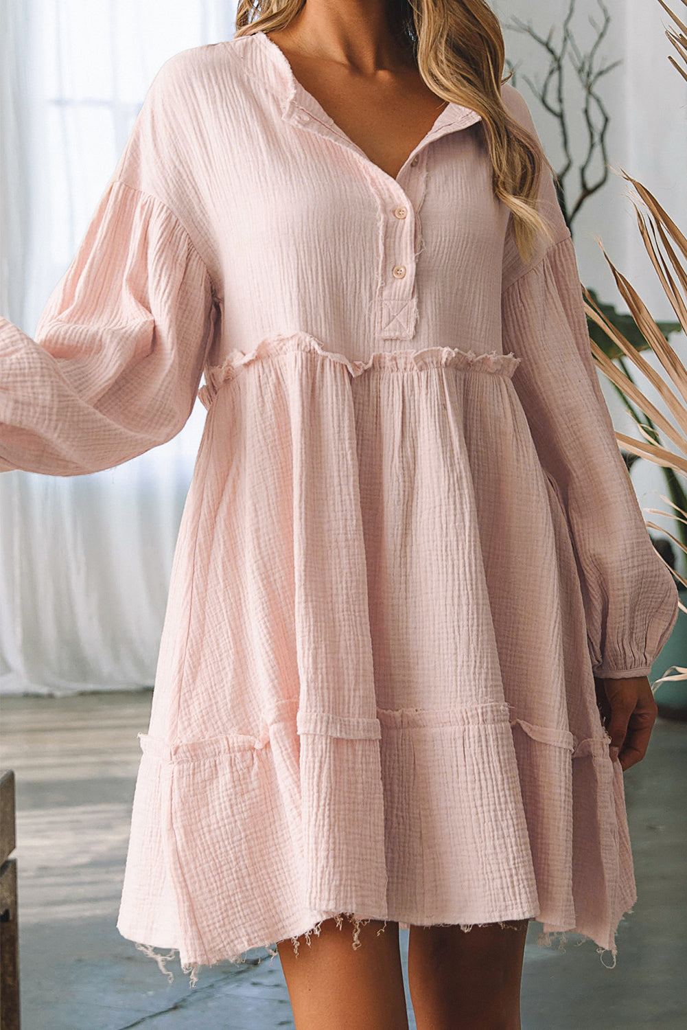 Oatmeal Crinkle Distressed Puff Sleeve Flared Dress Oatmeal / S / 100%Cotton Oatmeal / M / 100%Cotton