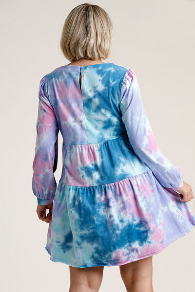 Umgee Full Size Tie Dye Round Neck Long Sleeve Babydoll Tiered Dress Plus Size TEAL/PINK / S TEAL/PINK / M TEAL/PINK / L TEAL/PINK / S-TEAL/PINK / M-TEAL/PINK / L-TEAL/PINK / XL-TEAL/PINK / 1XL-TEAL/PINK / 2XL-
