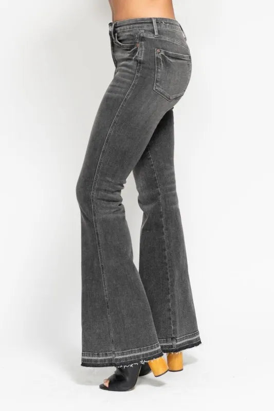Judy Blue Full Size Midi Rise Tummy Control Washed Gray Release Hem Flare Jeans Plus Size GRY / 11(30) GRY / 5(27) GRY / 0(24) GRY / 11(30)-GRY / 5(27)-GRY / 0(24)-GRY / 1(25)-GRY / 3(26)-GRY / 7(28)-GRY / 9(29)-GRY / 13(31)-GRY / 15(32)-GRY / 14W-GRY / 16W-GRY / 18W-GRY / 20W-GRY / 22W-GRY / 24W-