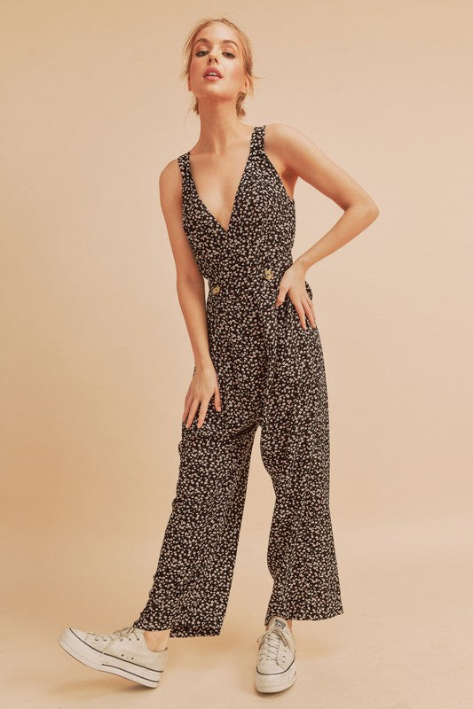 Aemi + Co Ditsy Floral Surplice Sleeveless Wide Leg Jumpsuit Black / S Black / M Black / L Black / S-Black / M-Black / L-