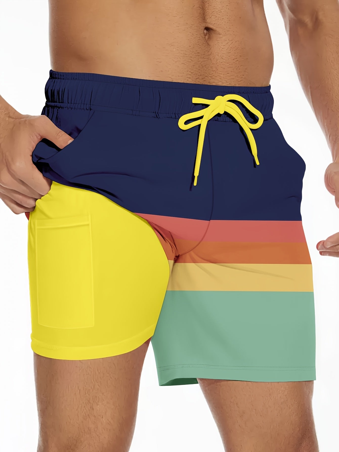 Men's Quick-Dry Swim Trunk with Compression Liner - Vibrant Yellow & Black Striped Beach Board Shorts, Regular Fit for Swimming, Surfing & Summer