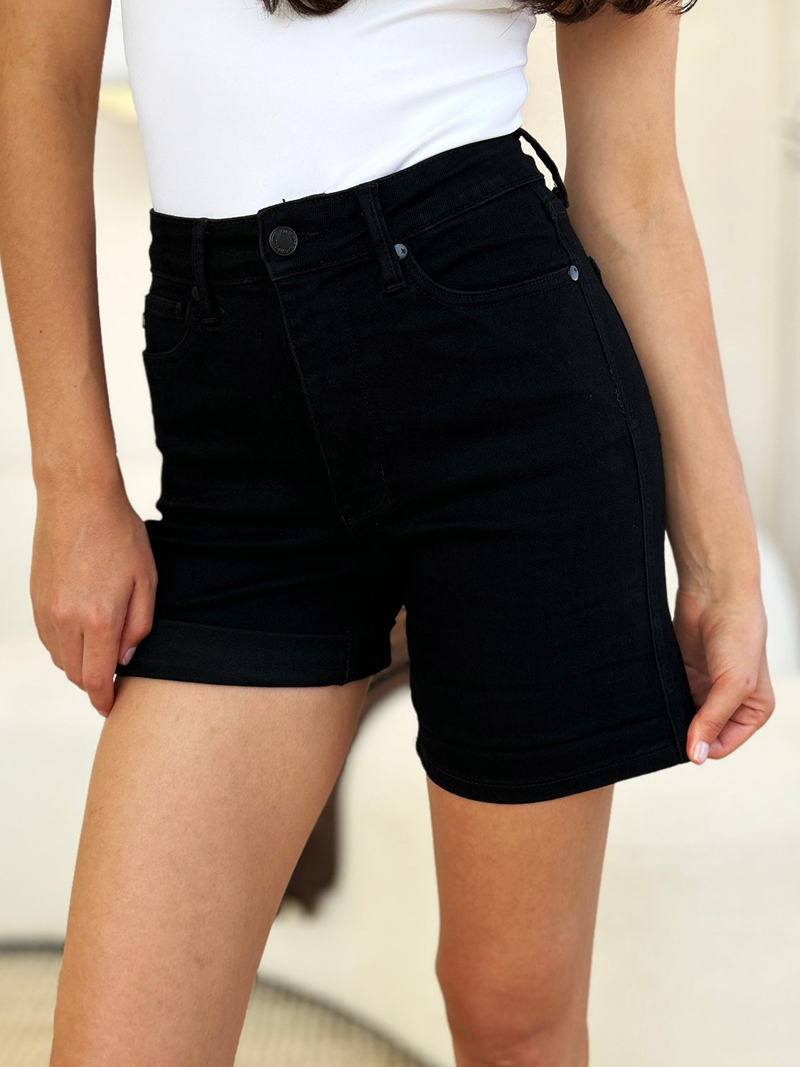 Judy Blue Full Size High Waist Tummy Control Cuffed Denim Shorts Black / S Black / M