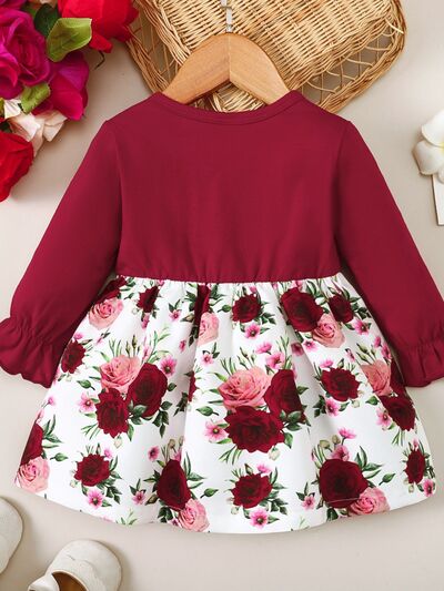 Frill Floral Round Neck Flounce Sleeve Dress Deep Red / 2-3 Deep Red / 6-9M Deep Red / 9-12M Deep Red / 2-3-Deep Red / 6-9M-Deep Red / 9-12M-Deep Red / 12-18M-Deep Red / 18-24M-