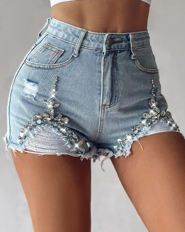 Sparkling Style: Rhinestone Pocket Ripped Denim Shorts Lighted Blue / L(8-10) Lighted Blue / M(6)