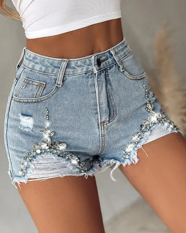 Sparkling Style: Rhinestone Pocket Ripped Denim Shorts Lighted Blue / L(8-10) Lighted Blue / M(6)