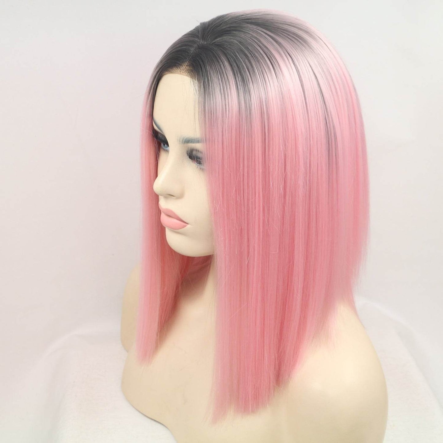 13*3" Lace Front Wigs Synthetic Mid-length Straight 12" 130% Density Black/Pink / One Size