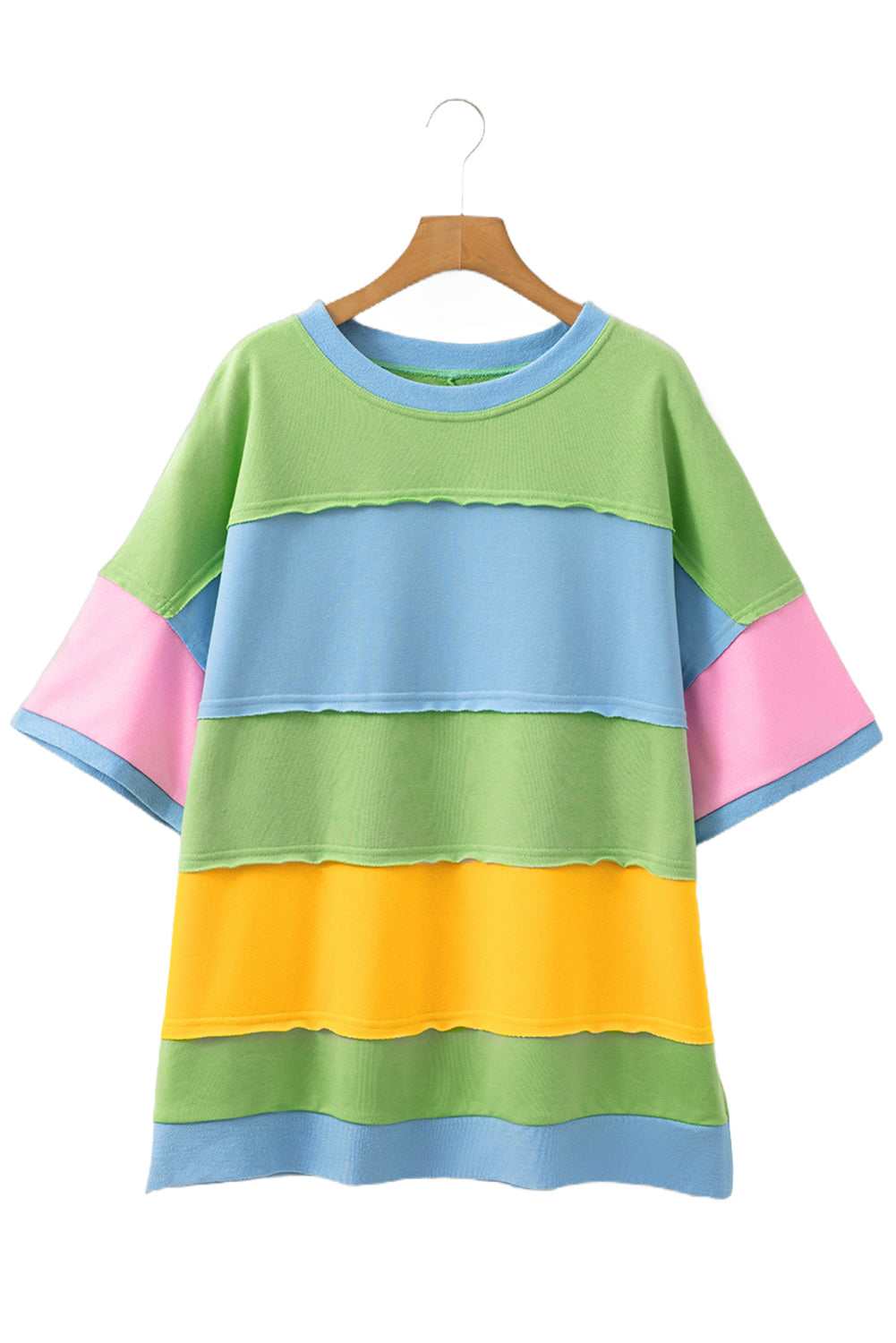 Light Blue Color Block Exposed Seam Patchwork Plus Size T Shirt Light Blue / 1X Light Blue / 2X