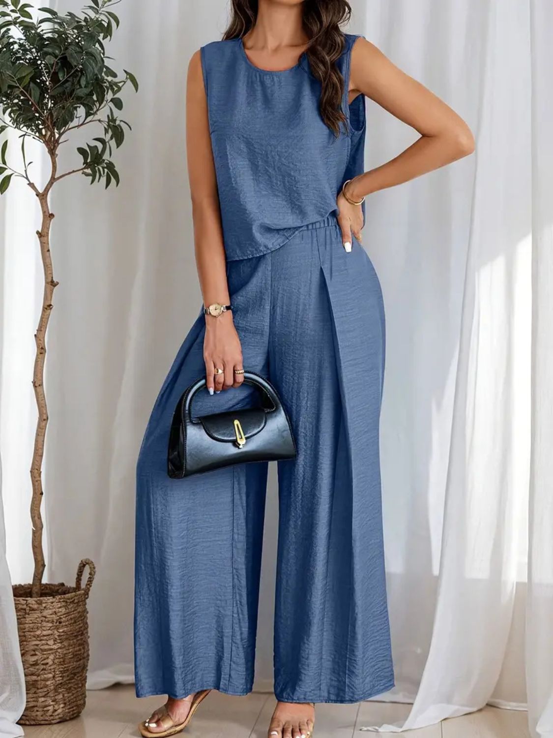 Round Neck Sleeveless Top and Wide Leg Pants Set Tan / 2XL Dusty Blue / S Dusty Blue / M Tan / 2XL-Dusty Blue / S-Dusty Blue / M-Dusty Blue / L-Dusty Blue / XL-Dusty Blue / 2XL-Black / S-Black / M-Black / L-Air Force Blue / S-Black / XL-Black / 2XL-Moonlit Mauve / S-Air Force Blue / M-Moonlit Mauve / M-Moonlit Mauve / L-Moonlit Mauve / XL-Moonlit Mauve / 2XL-Air Force Blue / L-Air Force Blue / XL-Air Force Blue / 2XL-Tan / S-Tan / M-Tan / L-Tan / XL-