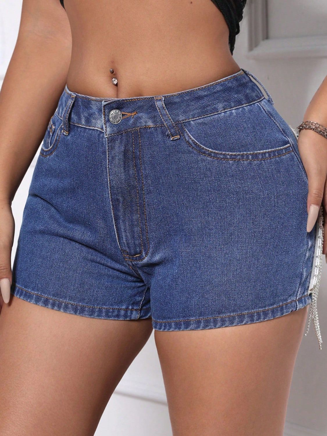 Fringe Back Denim Shorts with Pockets Medium / S Medium / M Medium / L Medium / S-Medium / M-Medium / L-Medium / XL-