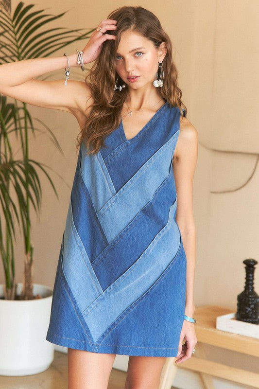 ADORA Chevron Color Block V-Neck Denim Dress Denim / S Denim / M Denim / L Denim / S-Denim / M-Denim / L-