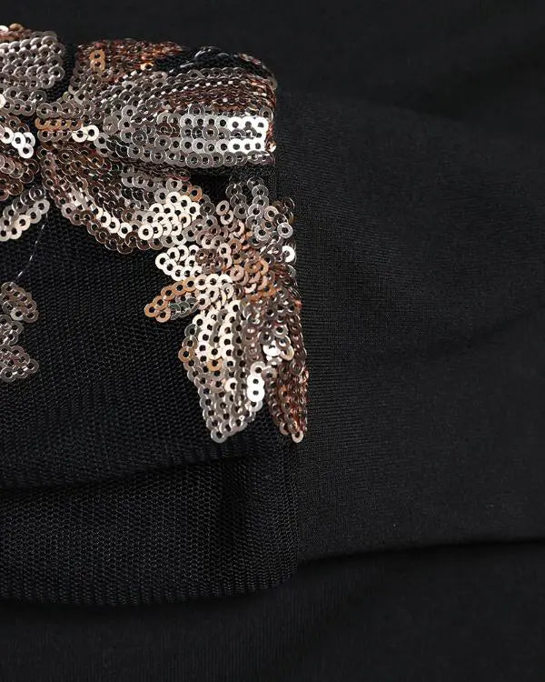 Elegant Mesh Patch Floral Sequin Cold Shoulder Top for Chic Style black / L(8-10) black / M(6)