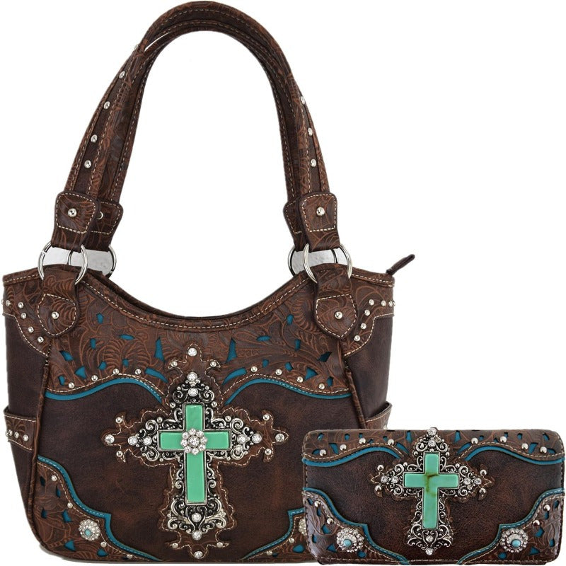 1pc Western Style Faux Leather Handbag with Rhinestone Cross and Conchos, Studded Shoulder Bag with Trifold Wallet Set Beige #2 Black Set Coffee Set Beige #2-Black Set-Coffee Set-Turquoise Set-