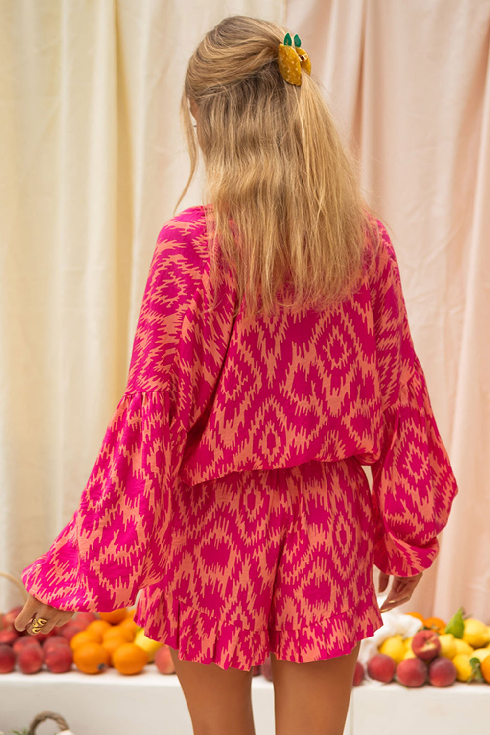 Rose Western Aztec Geometric Print Top and Ruffled Shorts Set Rose / S / 100%Polyester Rose / M / 100%Polyester