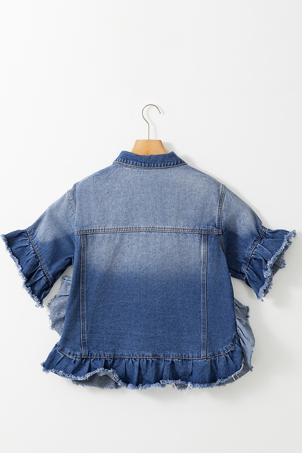 Peacock Blue Ruffled Frayed Short Sleeve Plus Size Denim Jacket Peacock Blue / 1X Peacock Blue / 2X