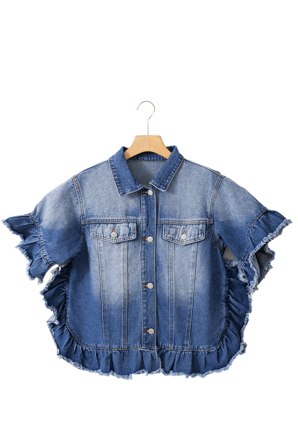 Peacock Blue Ruffled Frayed Short Sleeve Plus Size Denim Jacket Peacock Blue / 1X Peacock Blue / 2X