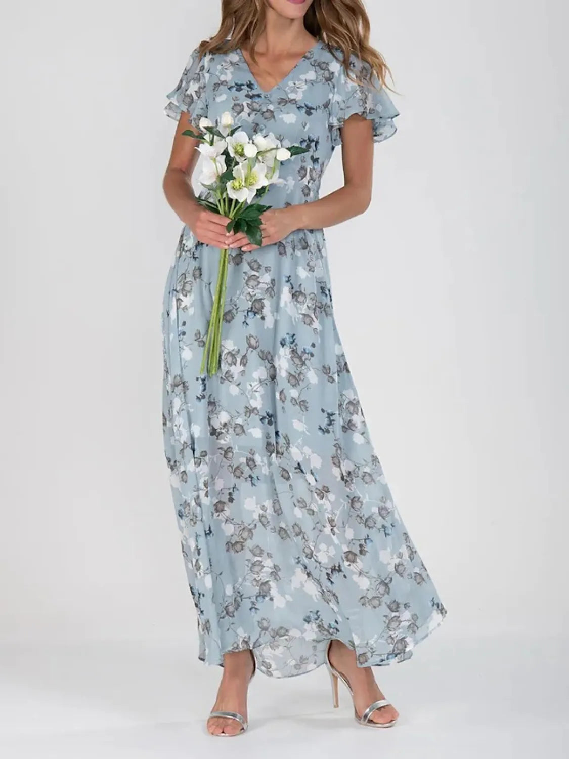 Floral V-Neck Flutter Sleeve Maxi Dress Light Blue