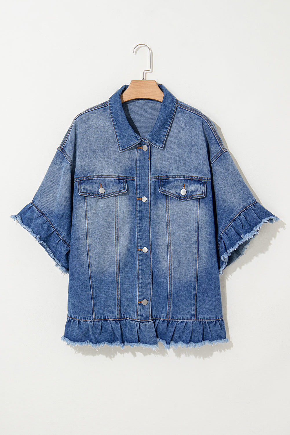 Peacock Blue Ruffled Frayed Short Sleeve Plus Size Denim Jacket Peacock Blue / 1X Peacock Blue / 2X