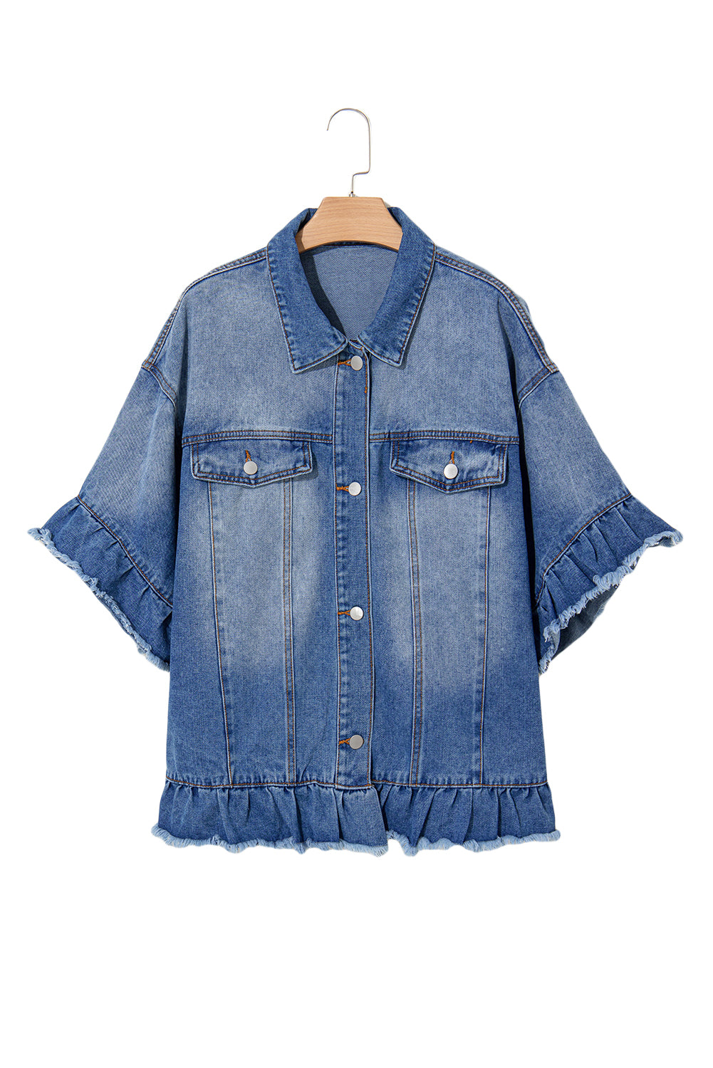 Peacock Blue Ruffled Frayed Short Sleeve Plus Size Denim Jacket Peacock Blue / 1X Peacock Blue / 2X