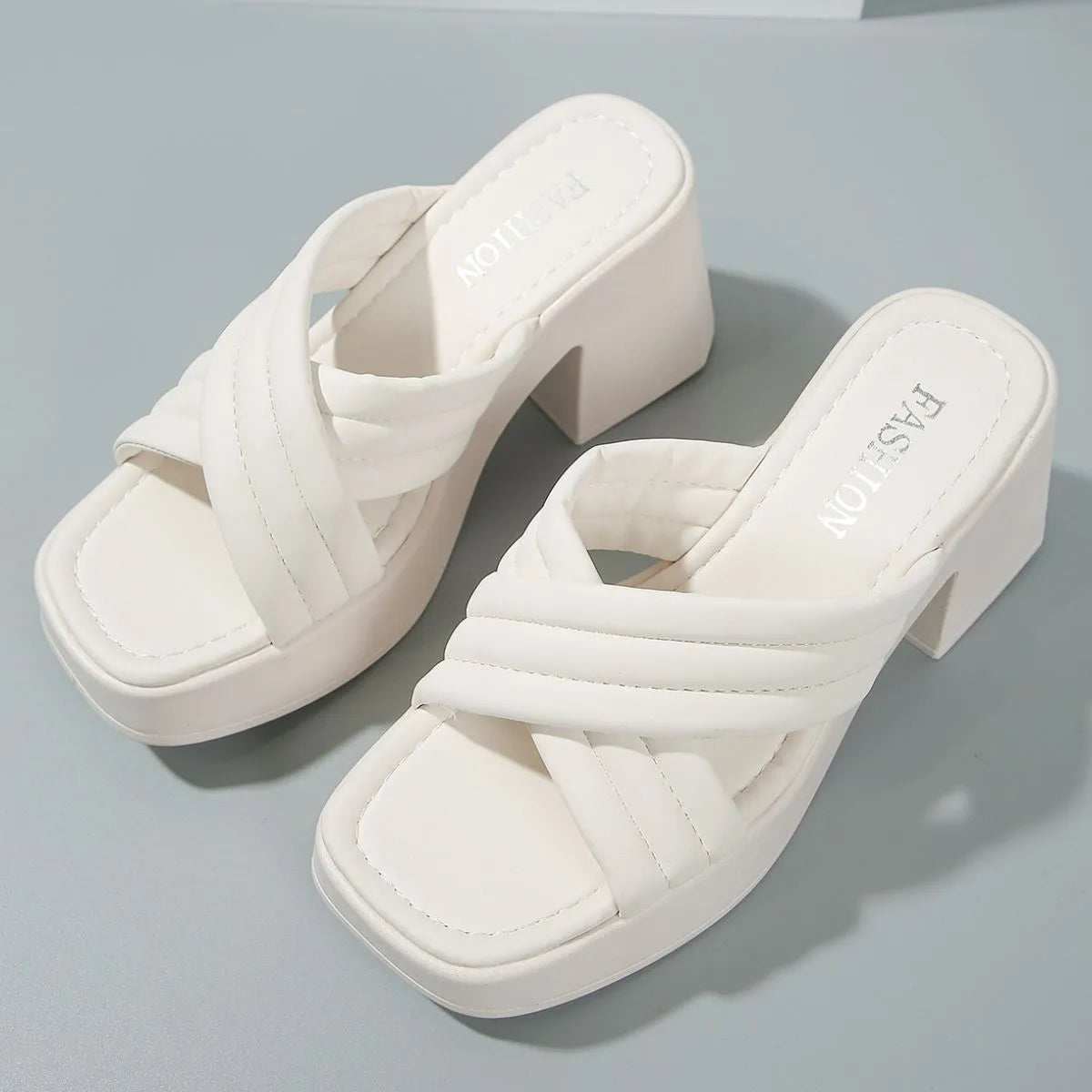 Open Toe Block Heels Sandals White