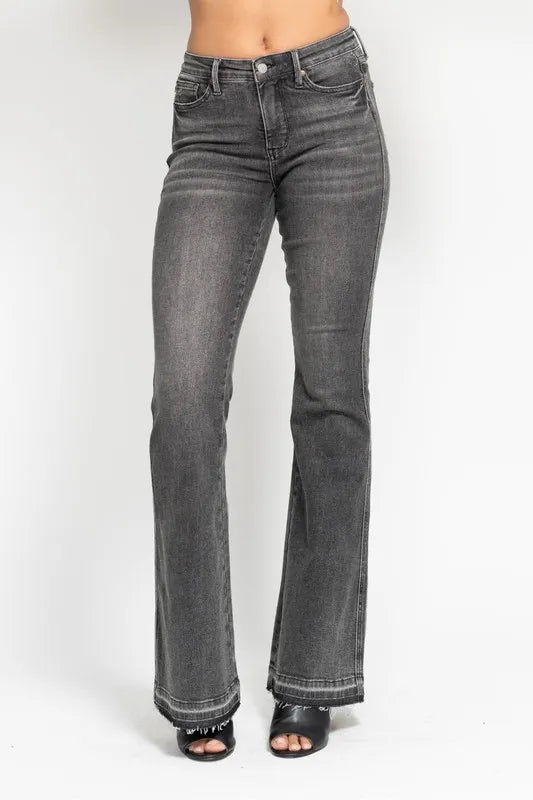 Judy Blue Full Size Midi Rise Tummy Control Washed Gray Release Hem Flare Jeans Plus Size GRY / 11(30) GRY / 5(27) GRY / 0(24) GRY / 11(30)-GRY / 5(27)-GRY / 0(24)-GRY / 1(25)-GRY / 3(26)-GRY / 7(28)-GRY / 9(29)-GRY / 13(31)-GRY / 15(32)-GRY / 14W-GRY / 16W-GRY / 18W-GRY / 20W-GRY / 22W-GRY / 24W-