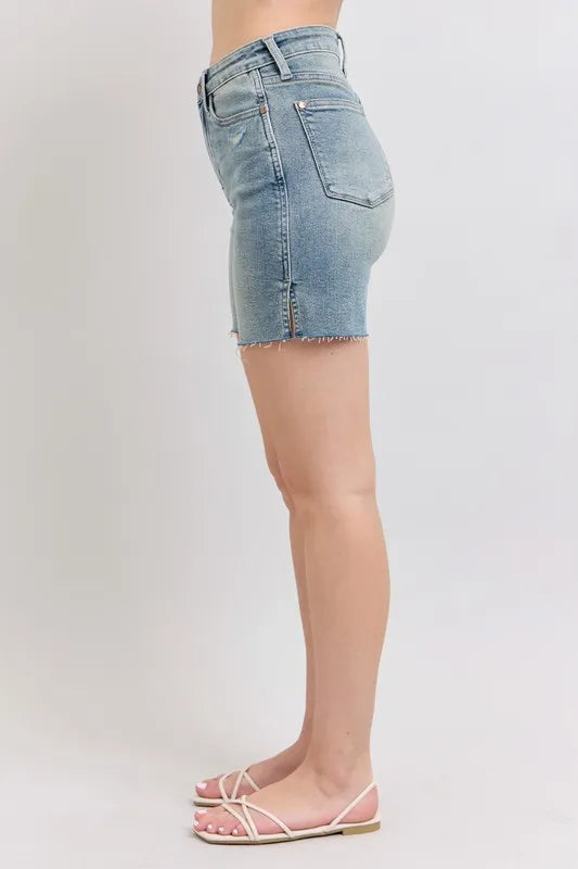 Judy Blue High Waist Vintage Wash Side Slit Denim Shorts MD / L MD / S MD / M MD / L-MD / S-MD / M-MD / 1XL-MD / 2XL-MD / 3XL-