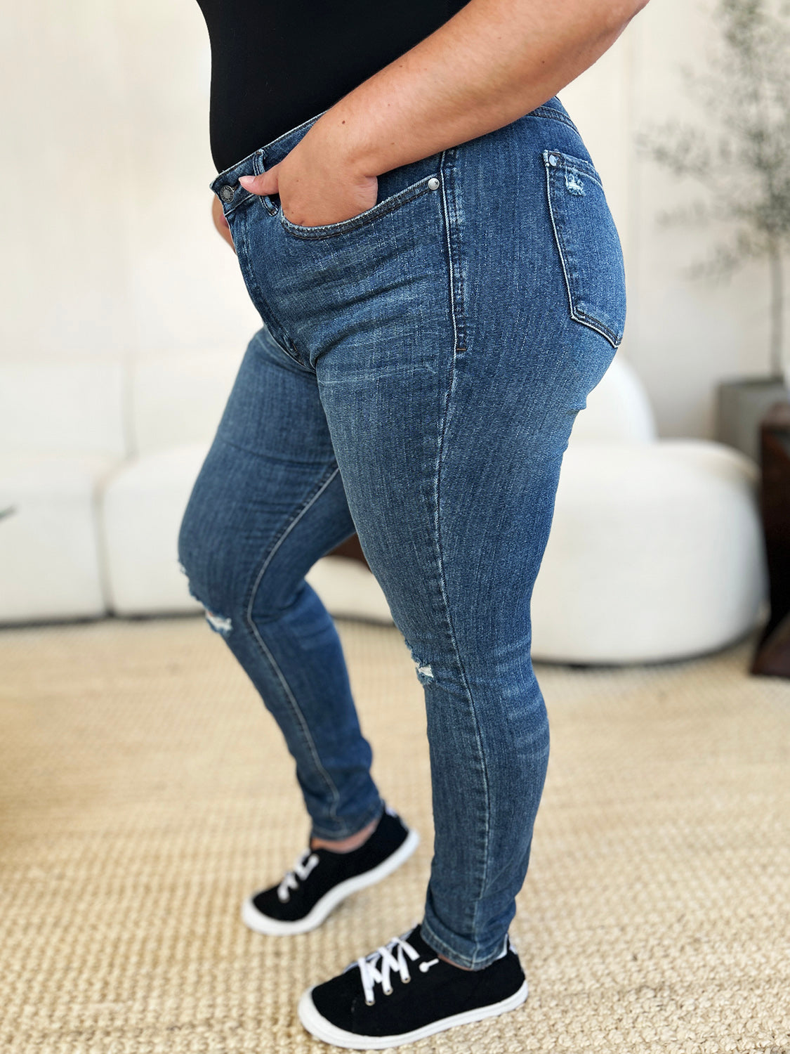 Judy Blue Full Size Mid Waist Distressed Slim Jeans Dark / 0 Dark / 1