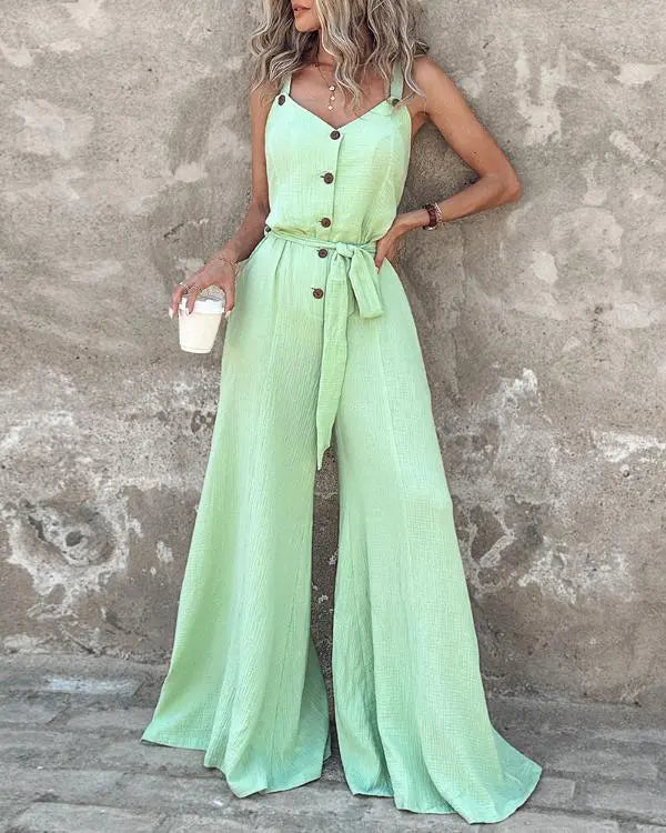 Chic Sleeveless V-Neck Jumpsuit with Tied Waist and Wide Leg Design light green / L(8-10) light green / M(6)