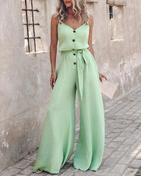Chic Sleeveless V-Neck Jumpsuit with Tied Waist and Wide Leg Design light green / L(8-10) light green / M(6)