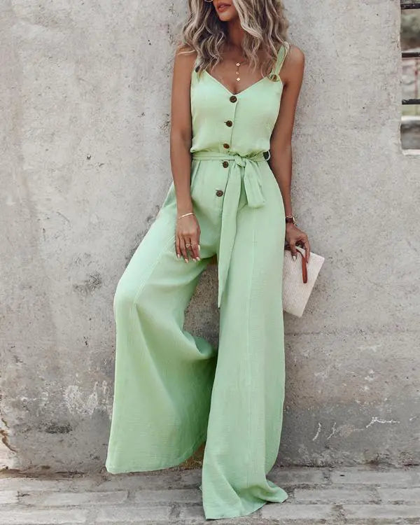 Chic Sleeveless V-Neck Jumpsuit with Tied Waist and Wide Leg Design light green / L(8-10) light green / M(6)