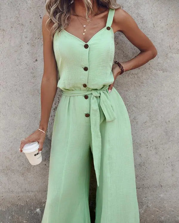 Chic Sleeveless V-Neck Jumpsuit with Tied Waist and Wide Leg Design light green / L(8-10) light green / M(6)