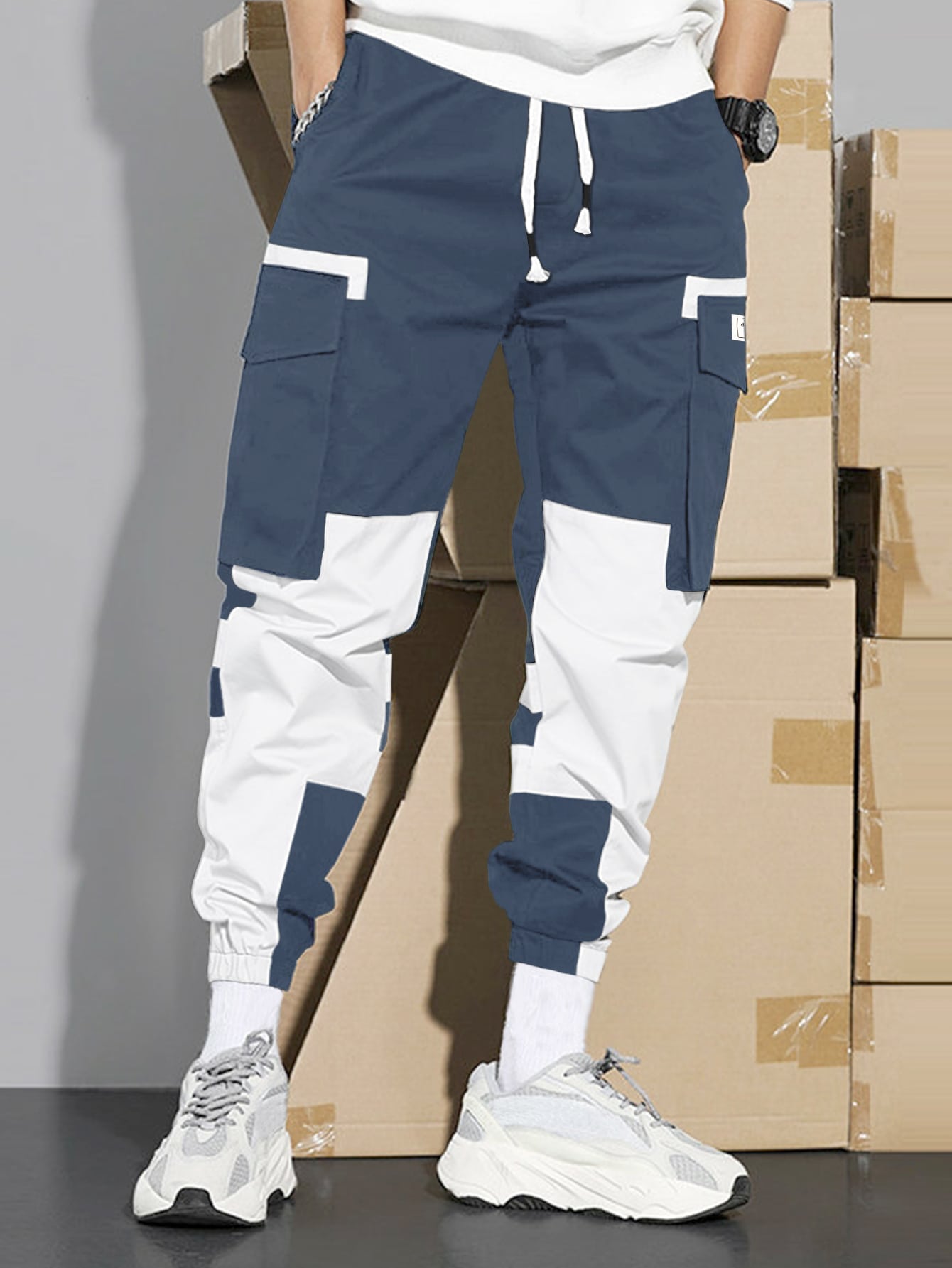 Stylish Two-Tone Cargo Pants for Men - Streetwear Essential with Long Drawstring Design Blue and White / S Blue and White / M
