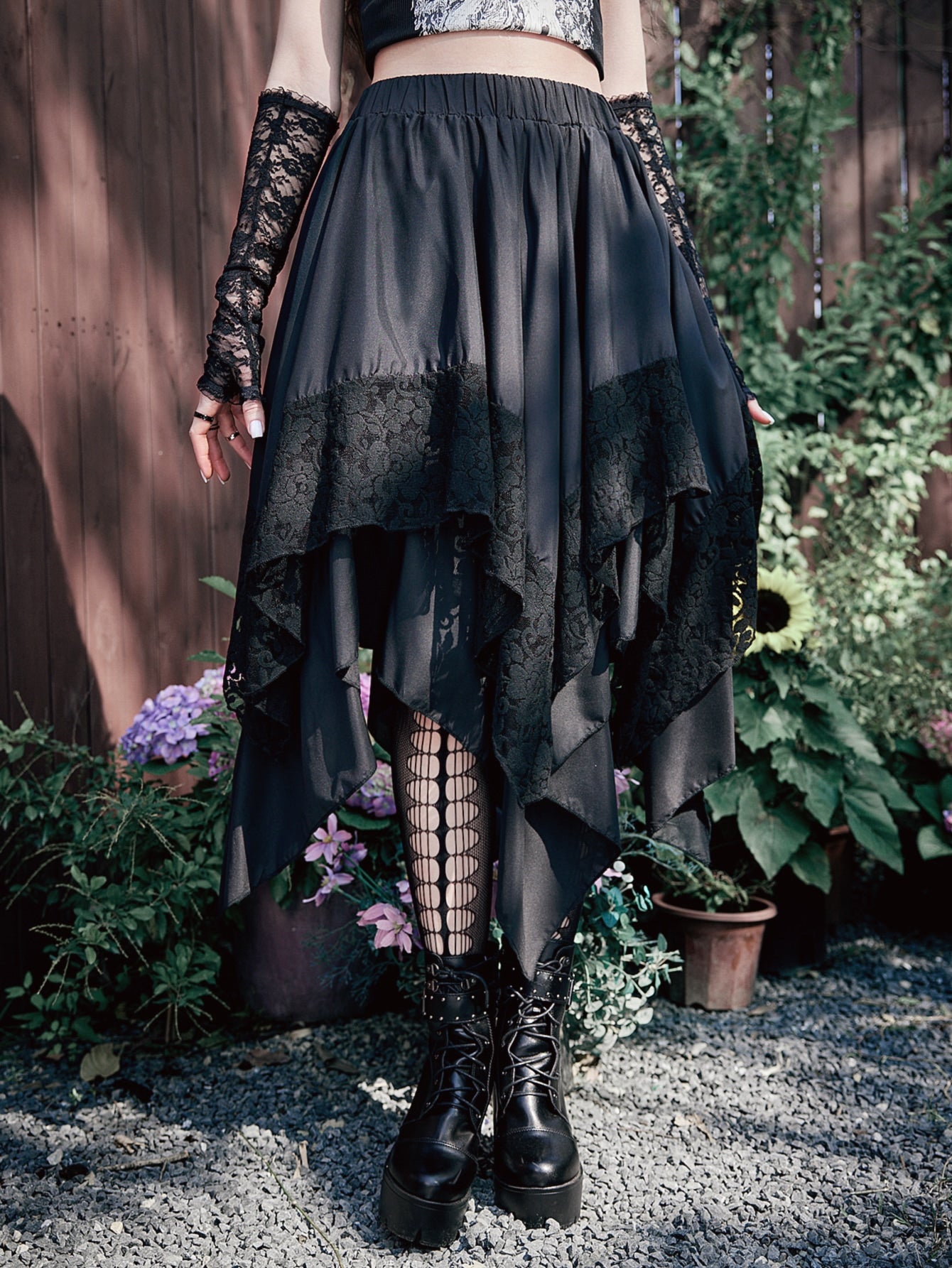 Goth Asymmetrical Lace Midi Skirt - High-Waisted Elegance for Halloween & Everyday Style Beige / XS Beige / S