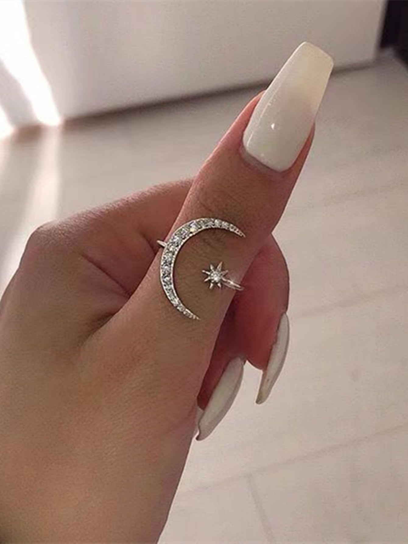 Celestial Charm Rhinestone Cuff Ring - Star and Moon Design one-size