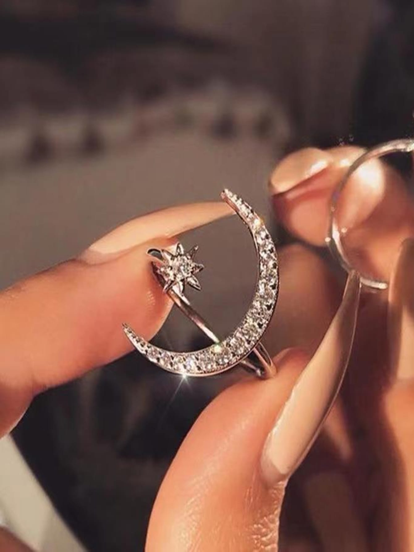 Celestial Charm Rhinestone Cuff Ring - Star and Moon Design