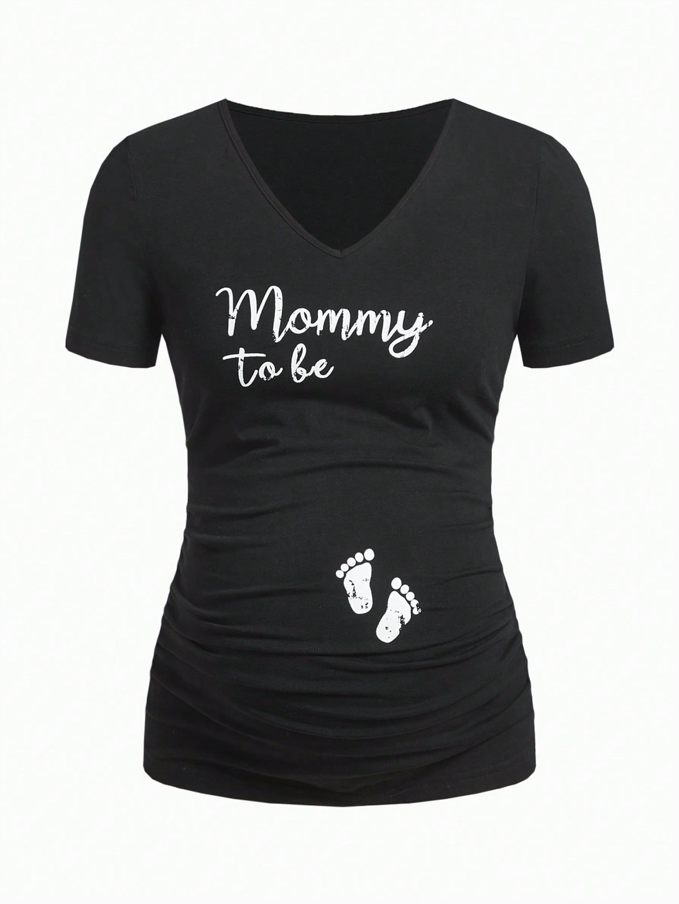 Modmama Maternity Footprint and Slogan Graphic Ruched Side Tee Black