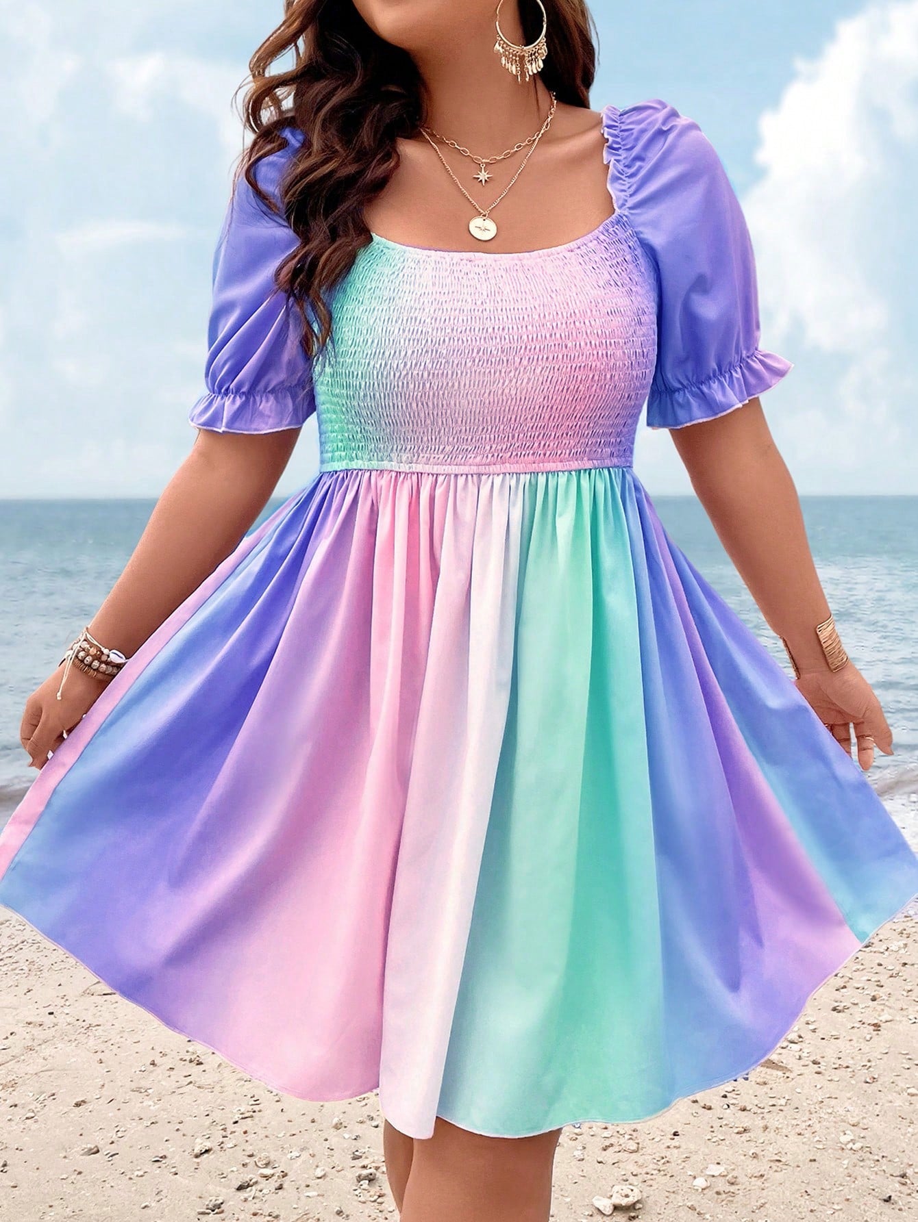 Pastel Dreams: Holidaya Plus Ombre Shirred Puff Sleeve Dress 0XL 1XL