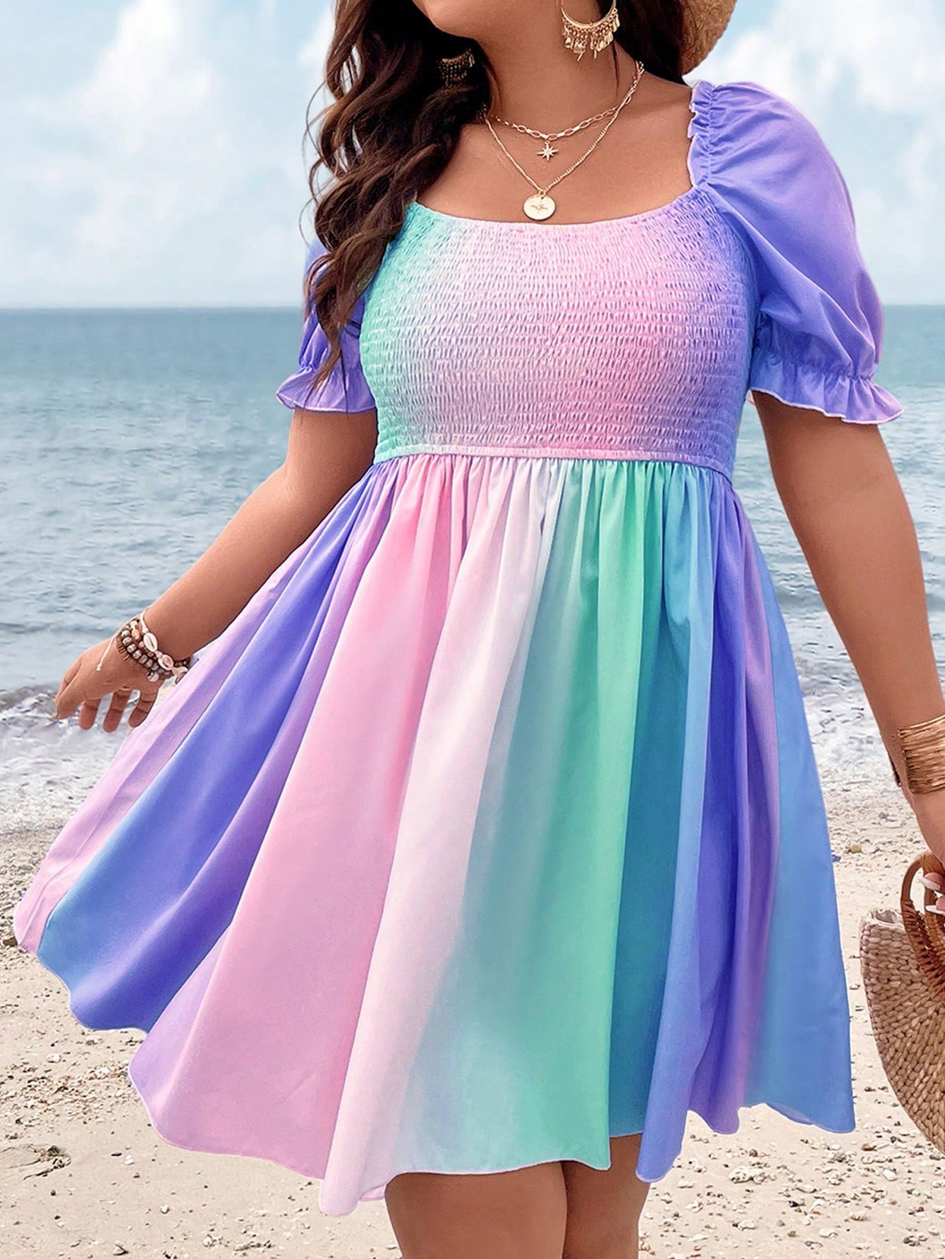 Pastel Dreams: Holidaya Plus Ombre Shirred Puff Sleeve Dress 0XL 1XL