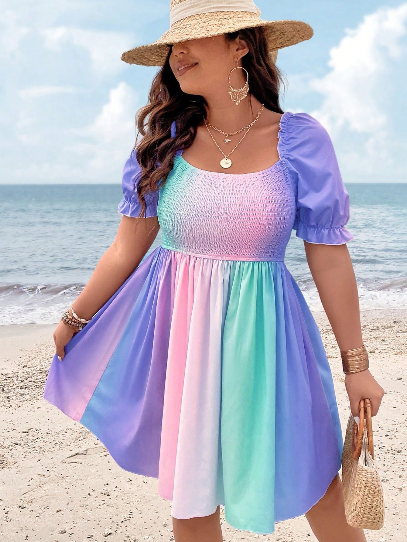 Pastel Dreams: Holidaya Plus Ombre Shirred Puff Sleeve Dress 0XL 1XL
