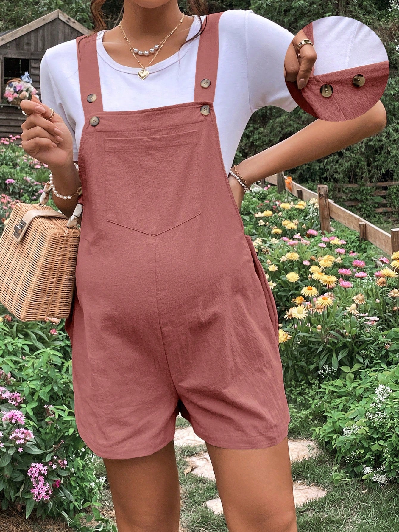 Chic & Comfortable Maternity Patched Pocket Overall Romper – Effortless Style for Expecting Moms Khaki / S Khaki / M