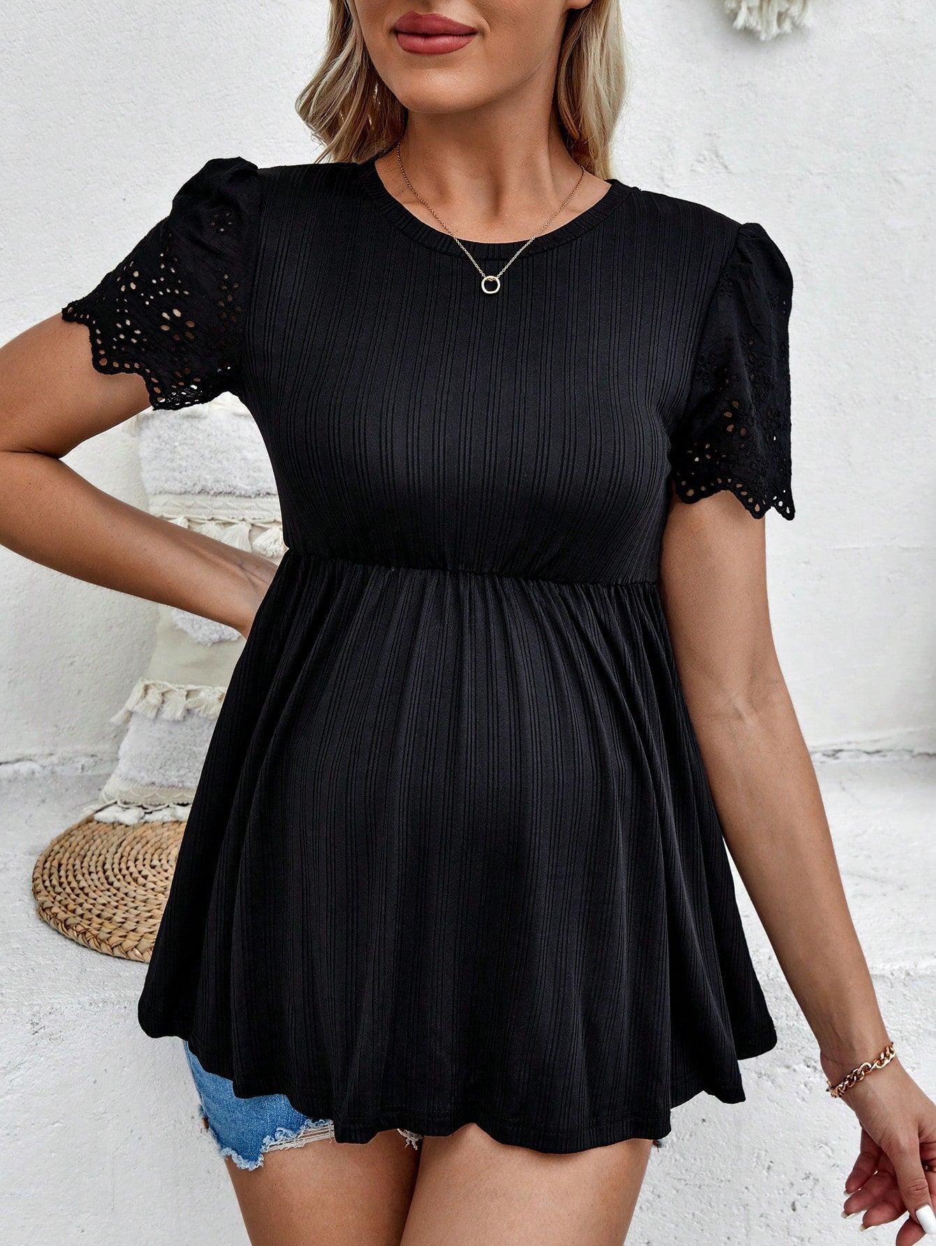 Chic Maternity Eyelet Embroidery Peplum Tee - Comfort Meets Style Black / S Black / M